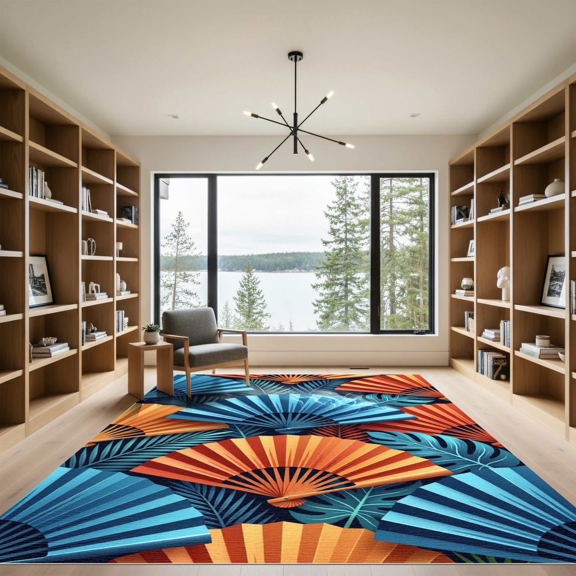 Vibrant Tropical Fan and Foliage Art Rug