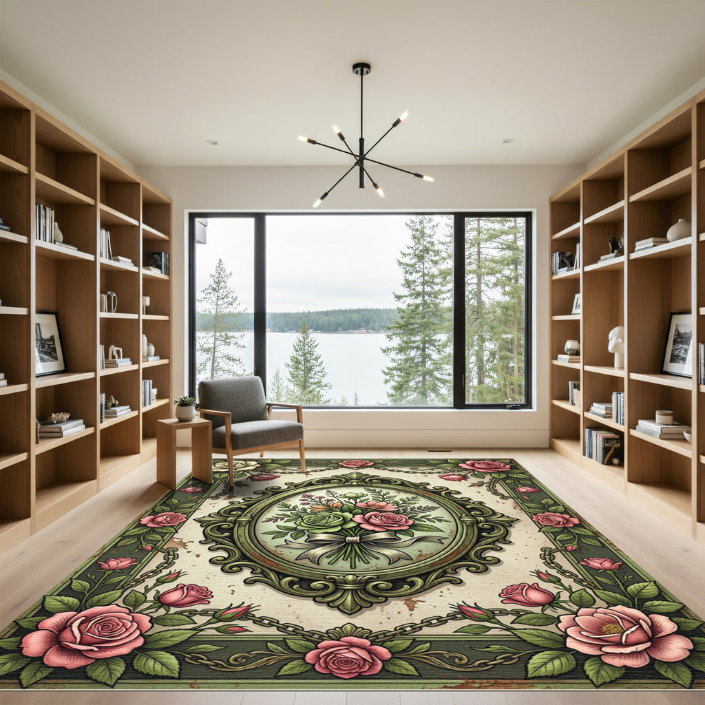Vintage Sage Floral Rose Bouquet Rug