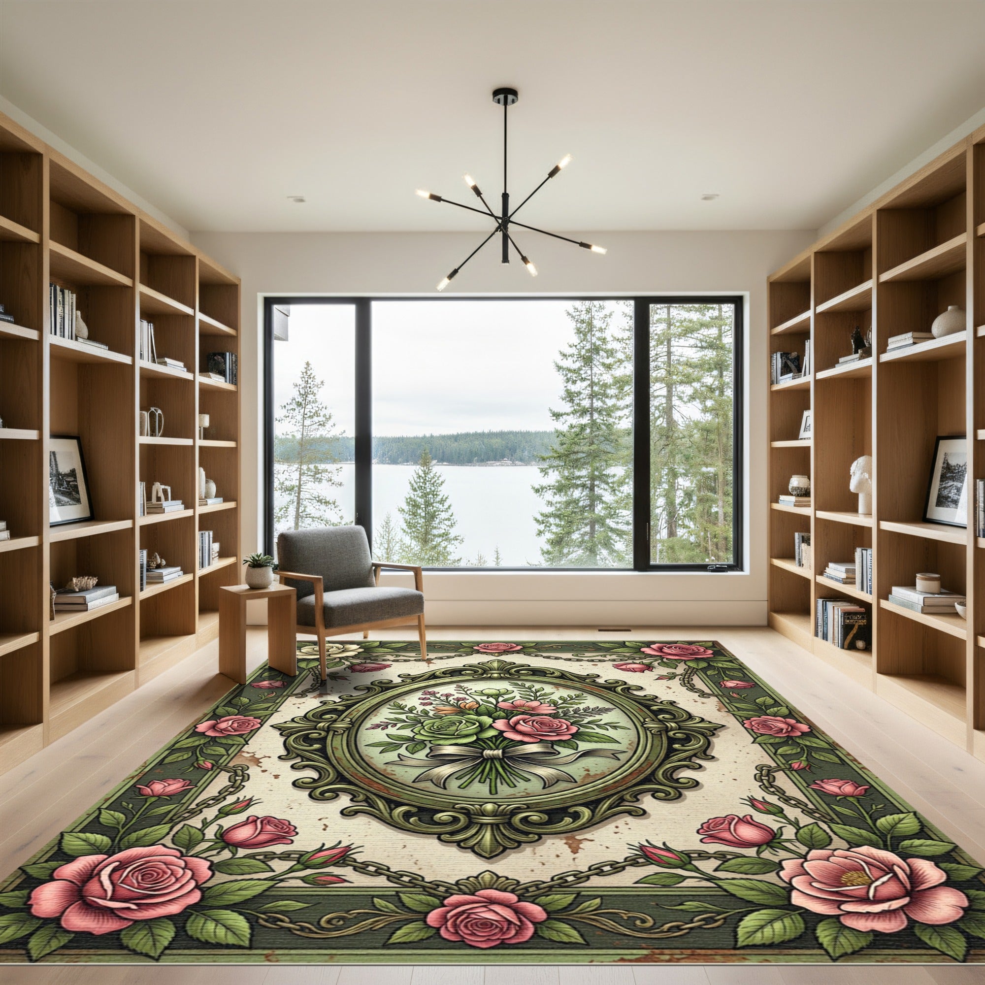 Vintage Sage Floral Rose Bouquet Rug