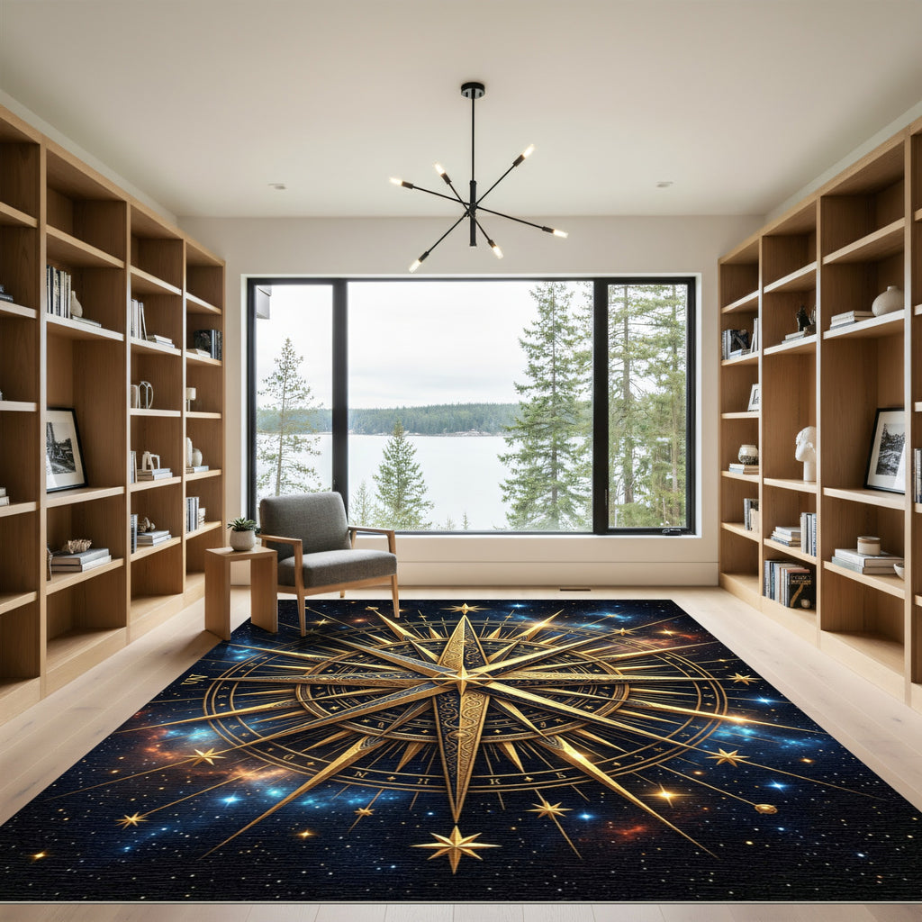 Golden Celestial Compass Starry Night Rug