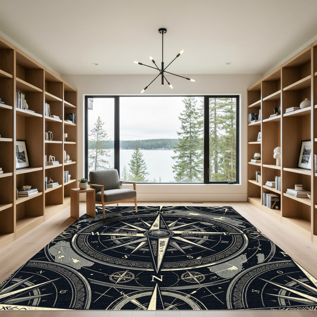 Vintage Compass Nautical Monochromatic Map Rug