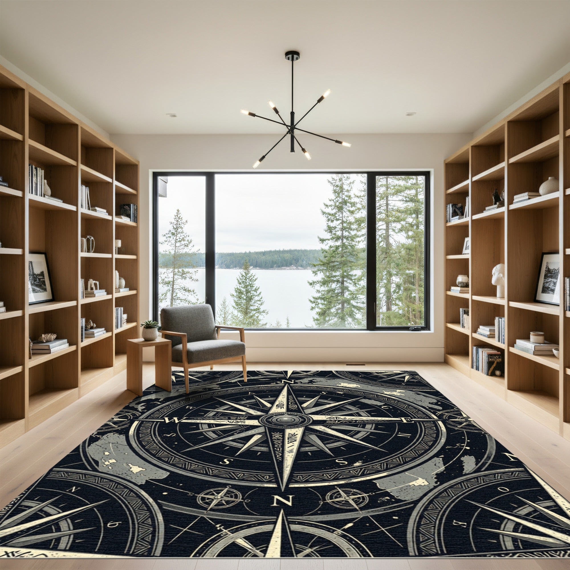 Vintage Compass Nautical Monochromatic Map Rug