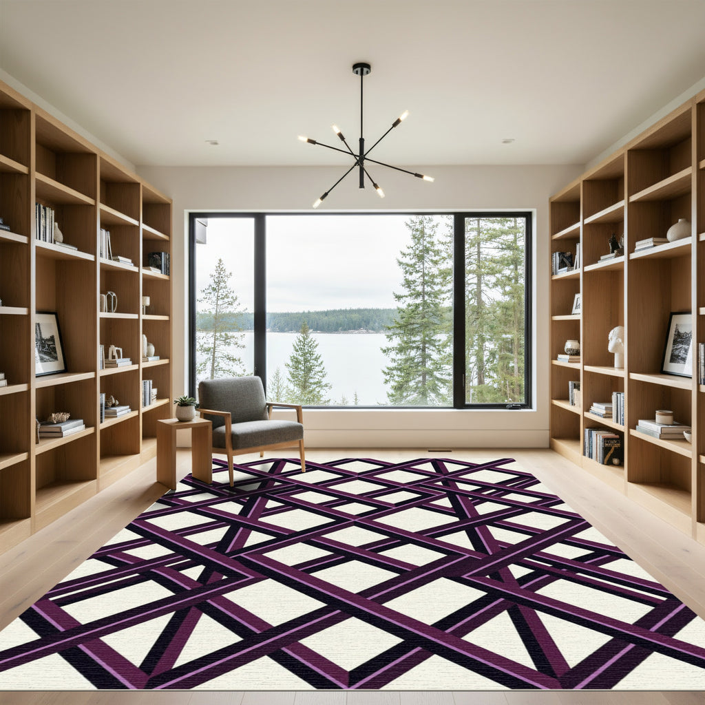 Geometric Purple Interlocking Lattice Illusion Rug
