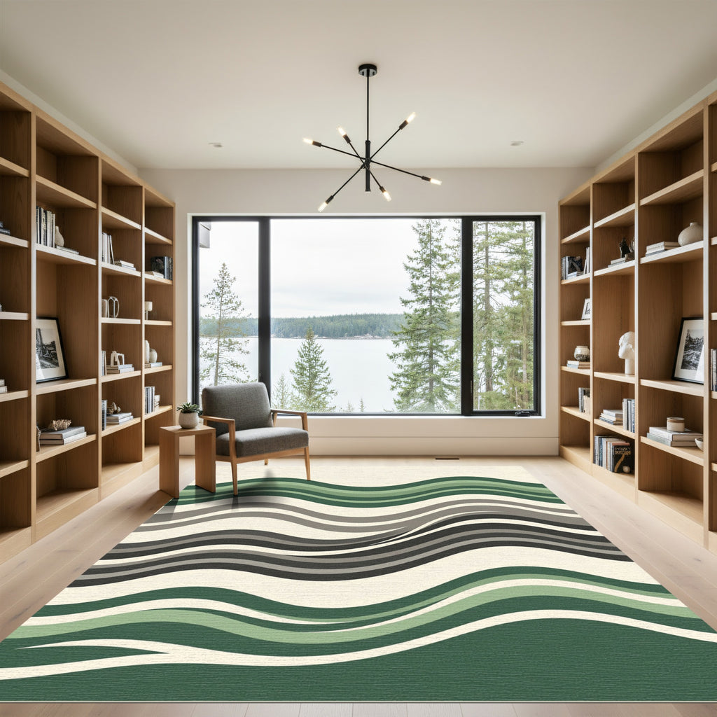 Earthy Green Minimalist Abstract Wave Rug