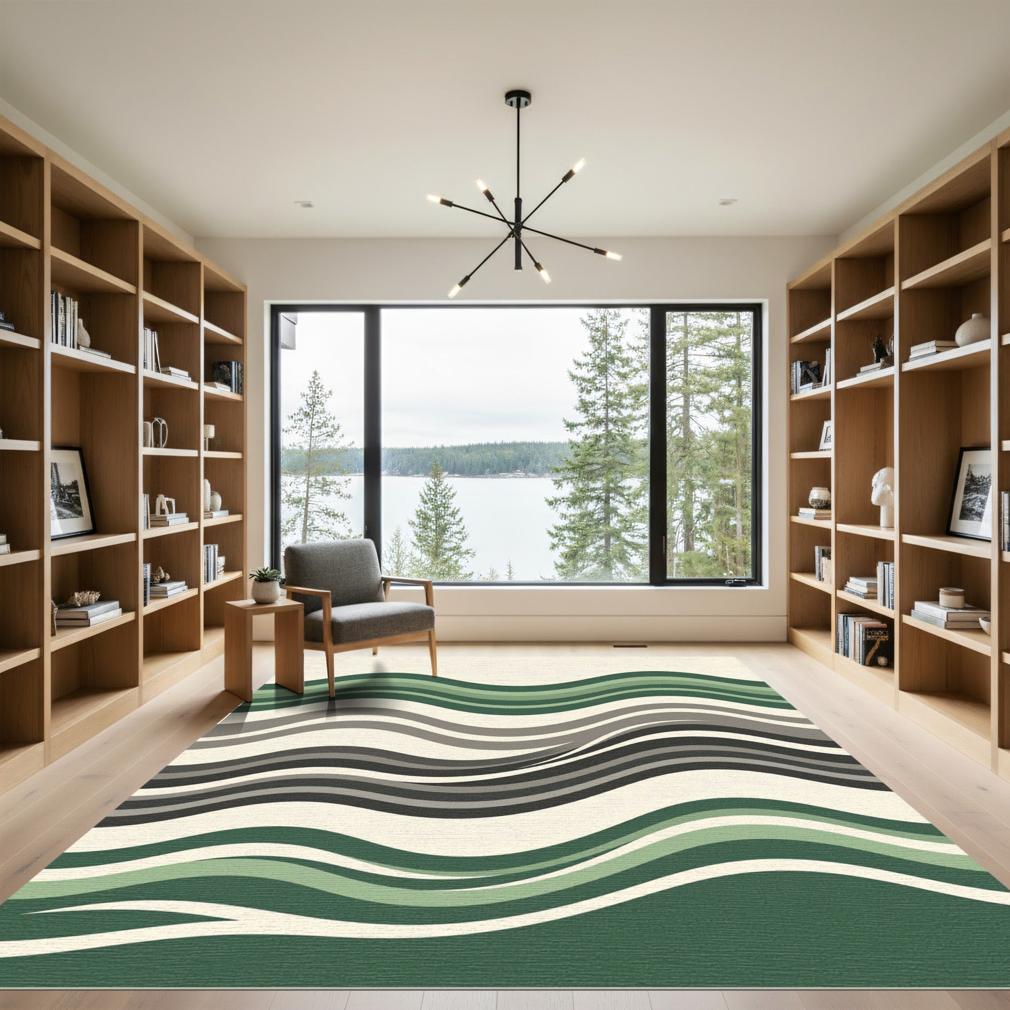 Earthy Green Minimalist Abstract Wave Rug