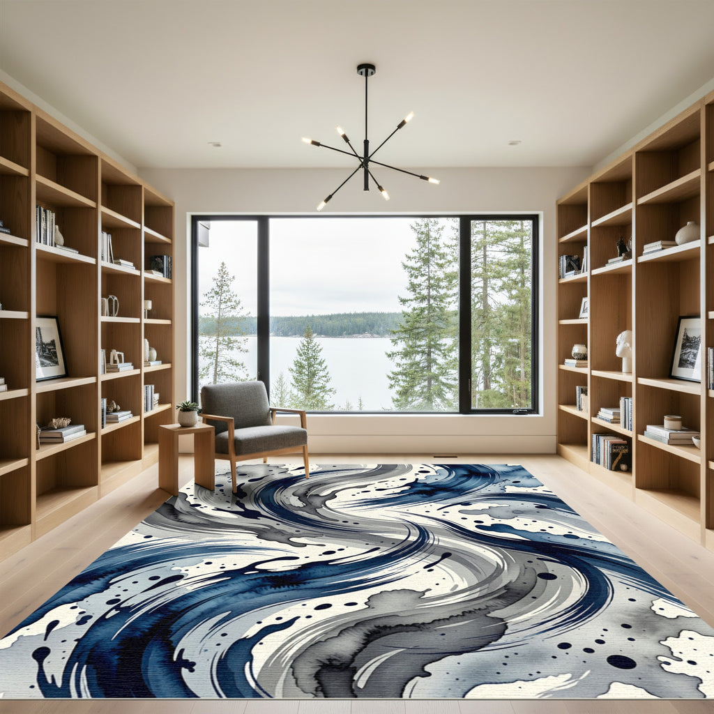 Deep Blue Gray Abstract Swirl Splatter Rug