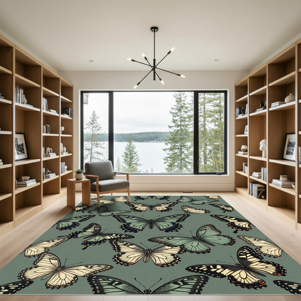 Sage Green Botanical Butterfly Ensemble Rug