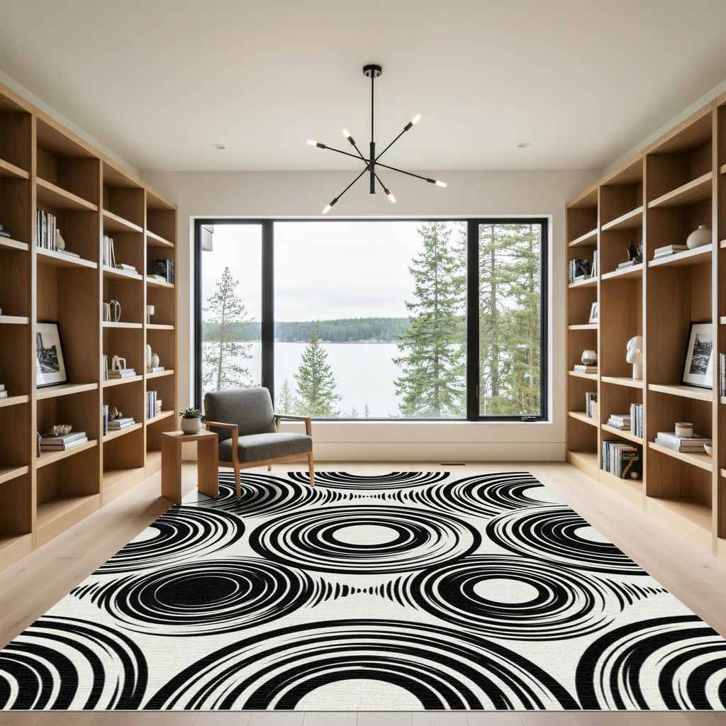Black White Concentric Circles Arrangement Rug