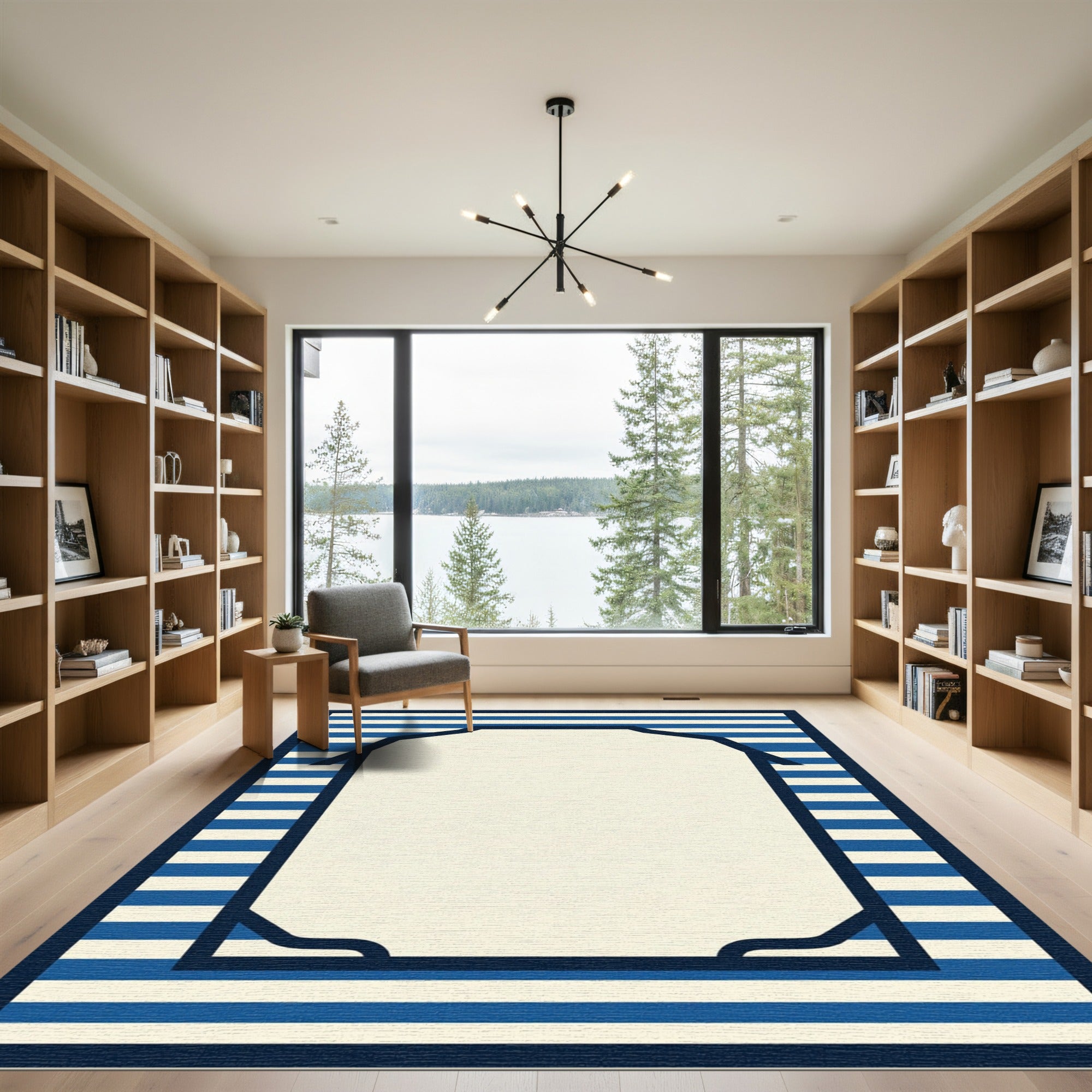 Nautical Blue White Stripe Frame Rug