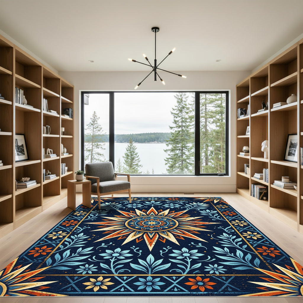 Celestial Navy Amber Floral Sun Medallion Rug