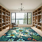 Vibrant Teal Plumeria Tropical Foliage Rug
