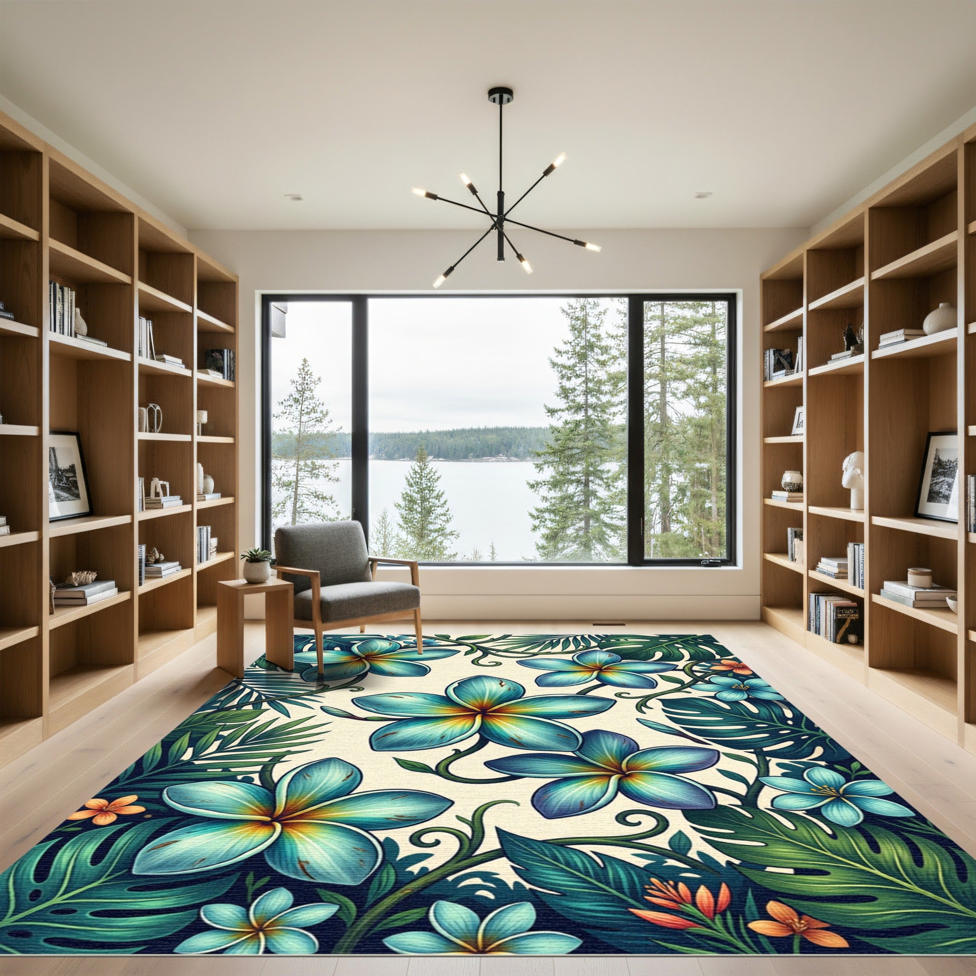 Vibrant Teal Plumeria Tropical Foliage Rug