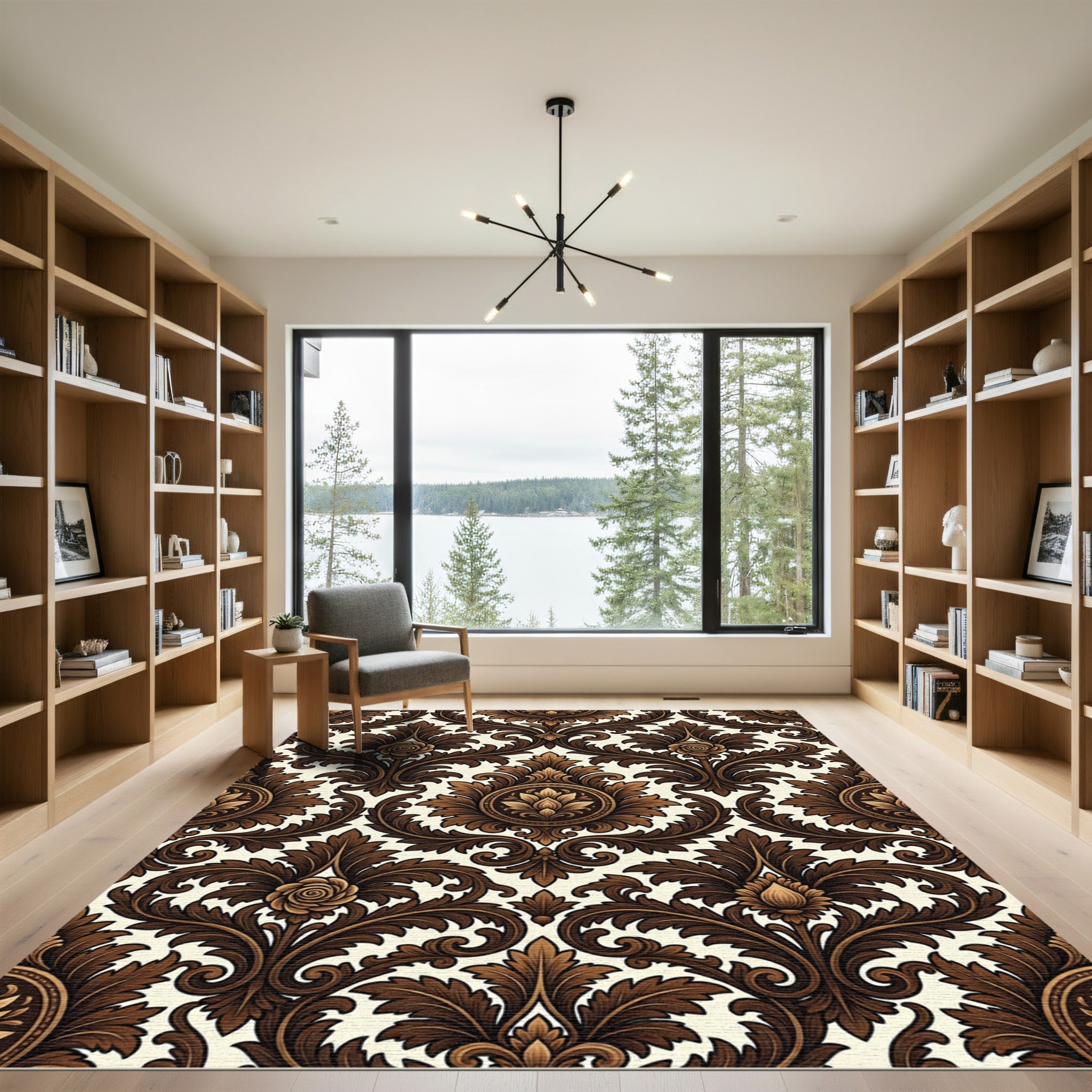 Rich Brown Baroque Floral Scroll Rug