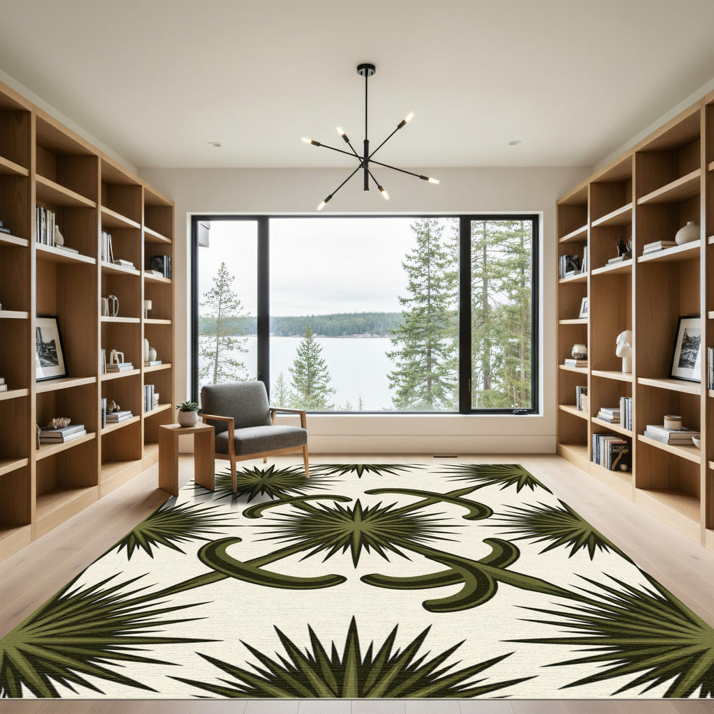 Olive Green Geometric Starburst Curvilinear Rug
