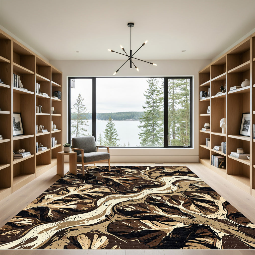Earthy Brown Abstract River Topography Rug