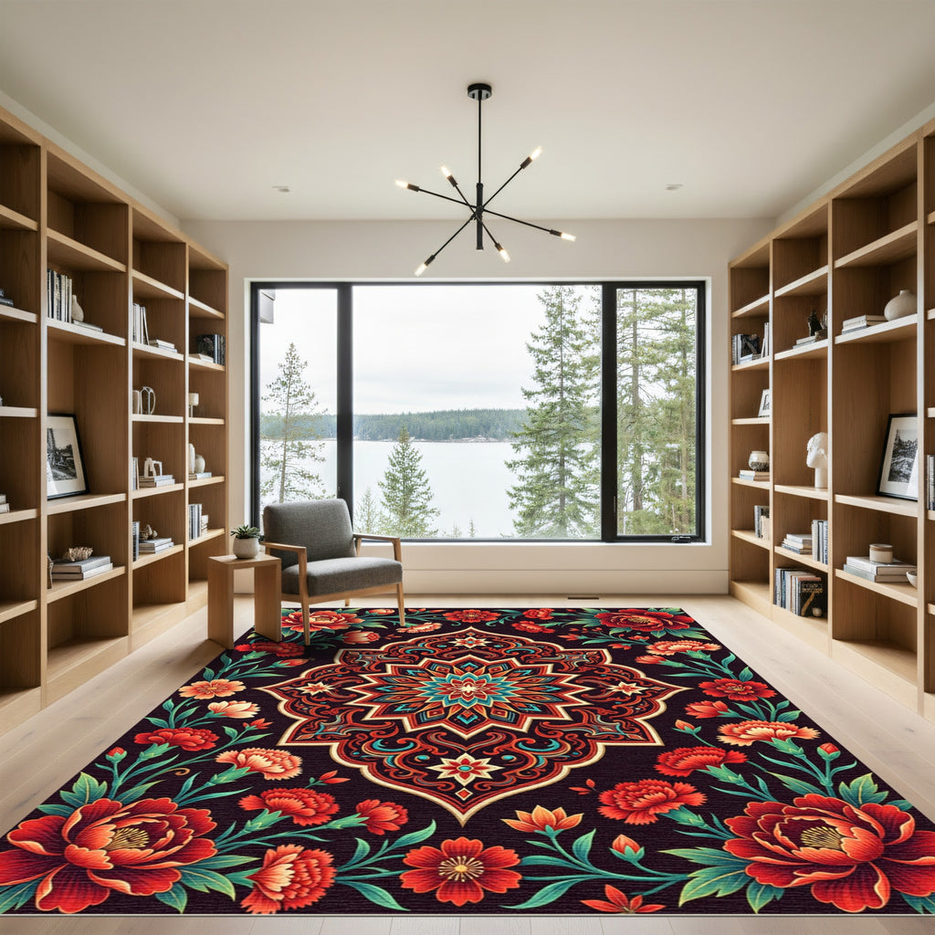 Vibrant Red Floral Medallion Rug