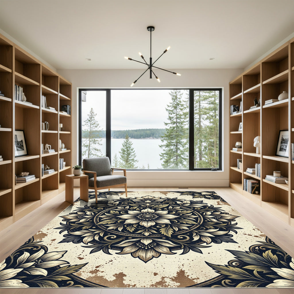 Vintage Black Gold Floral Medallion Rug