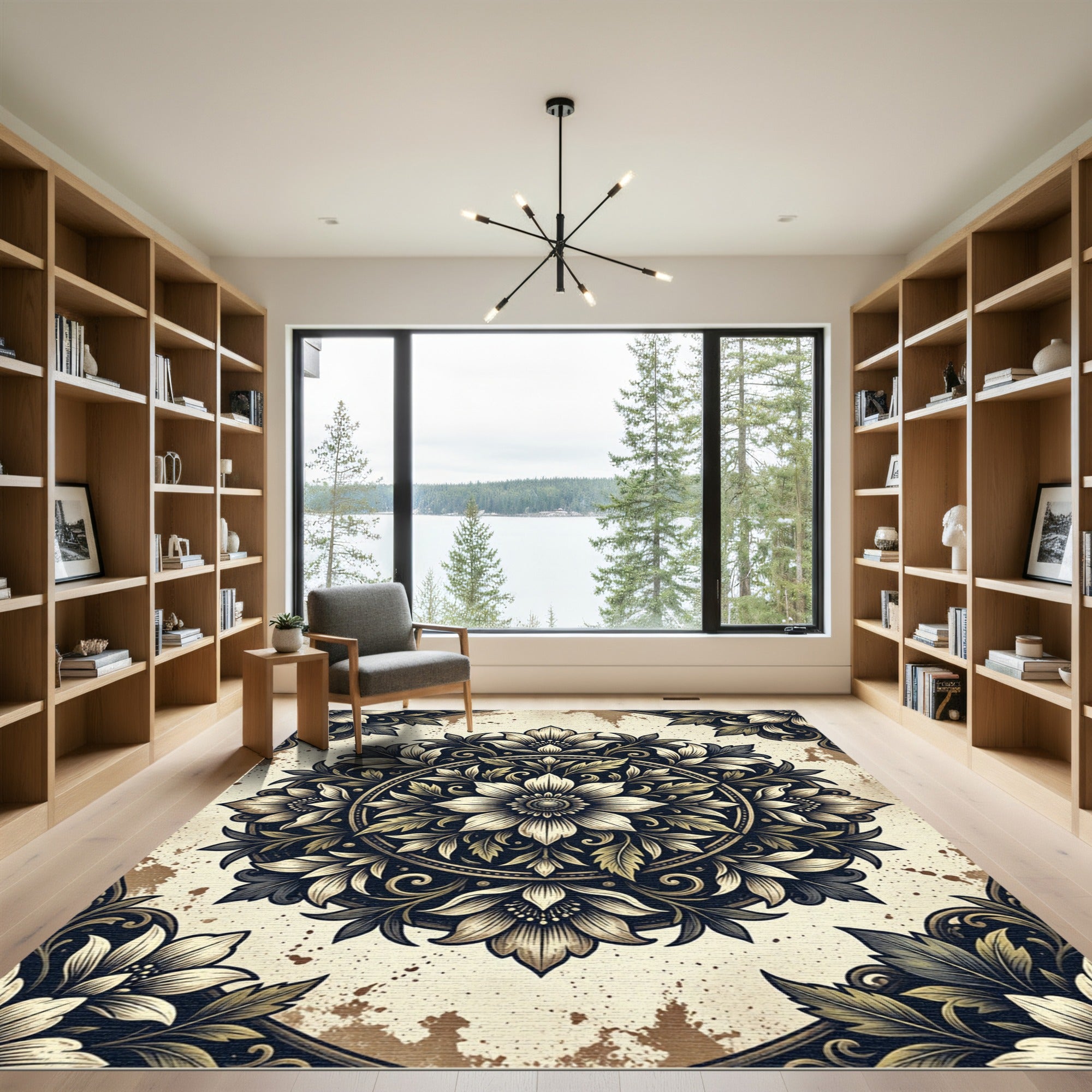Vintage Black Gold Floral Medallion Rug