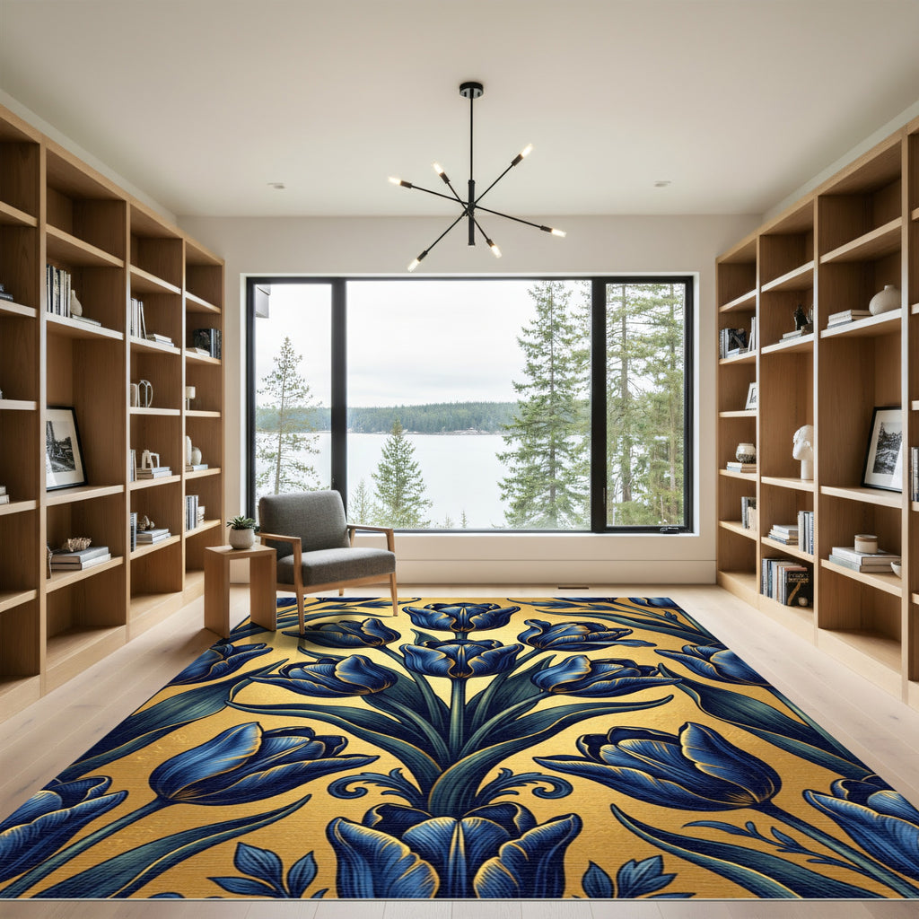 Elegant Blue Tulip Golden Botanical Arrangement Rug