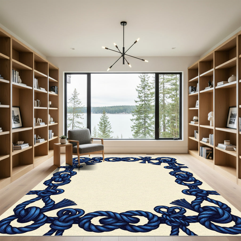 Deep Blue Nautical Knot Border Rug