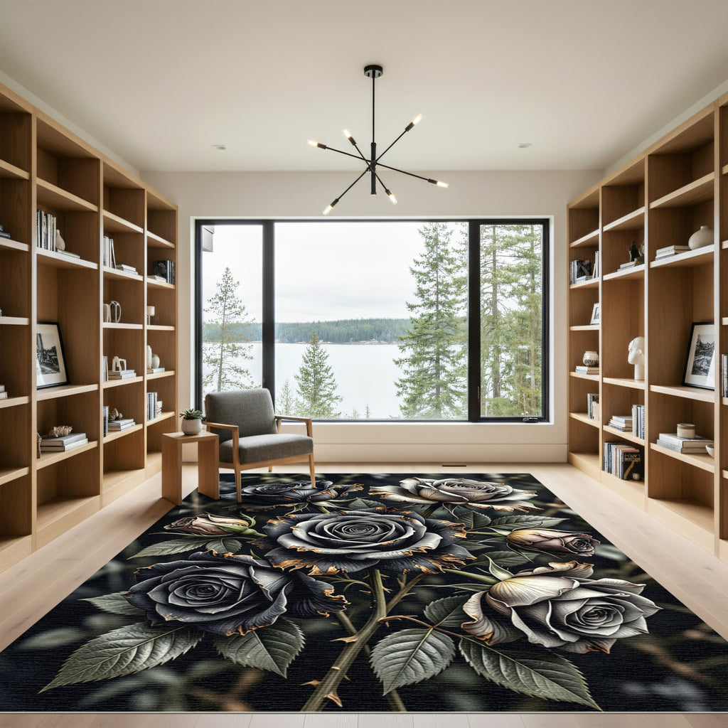 Dark Floral Rose Arrangement Rug