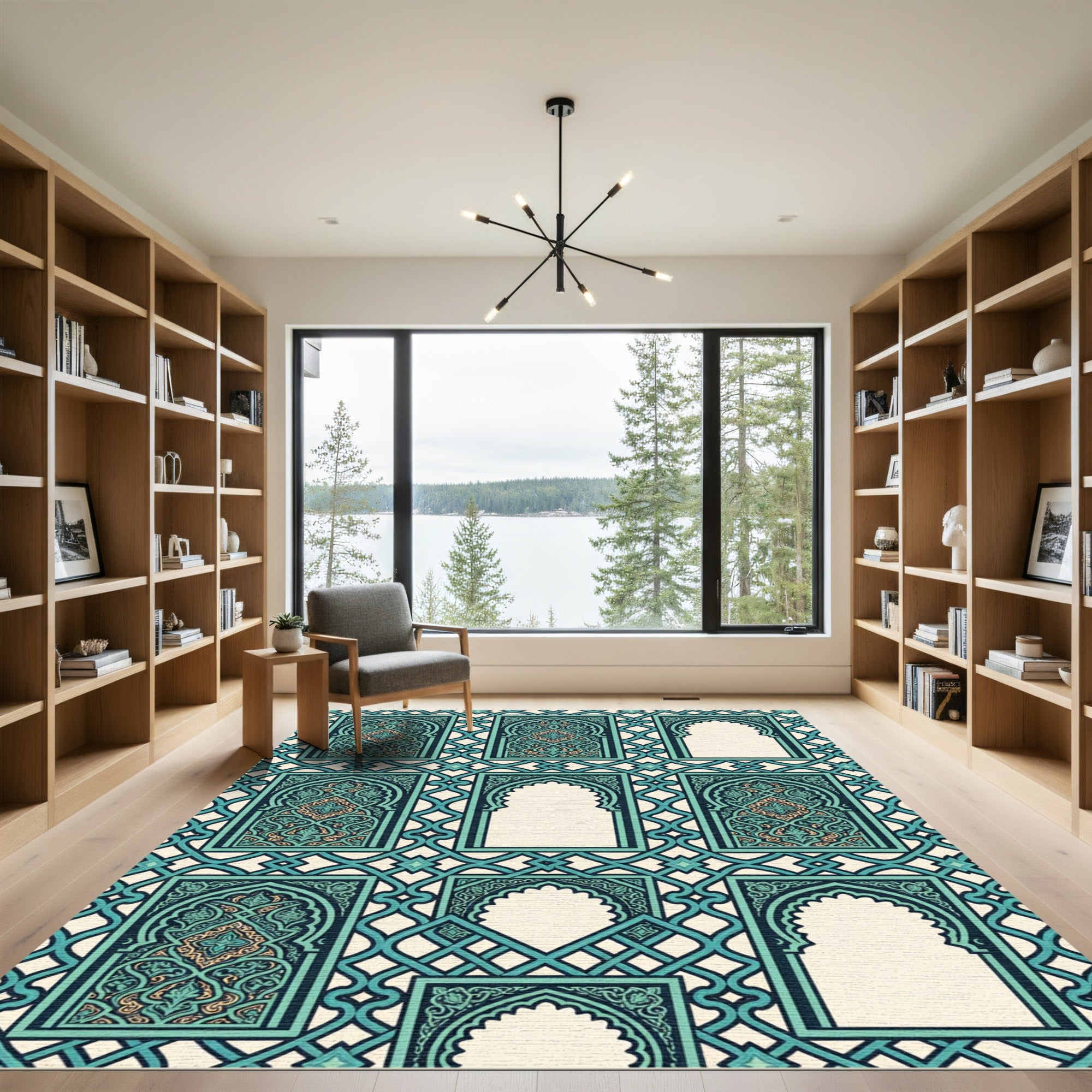 Teal Cream Arched Inlay Geometric Rug