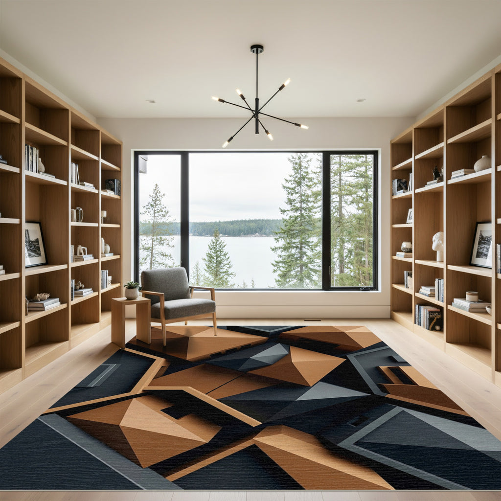 Geometric Copper and Charcoal Angular Art Rug