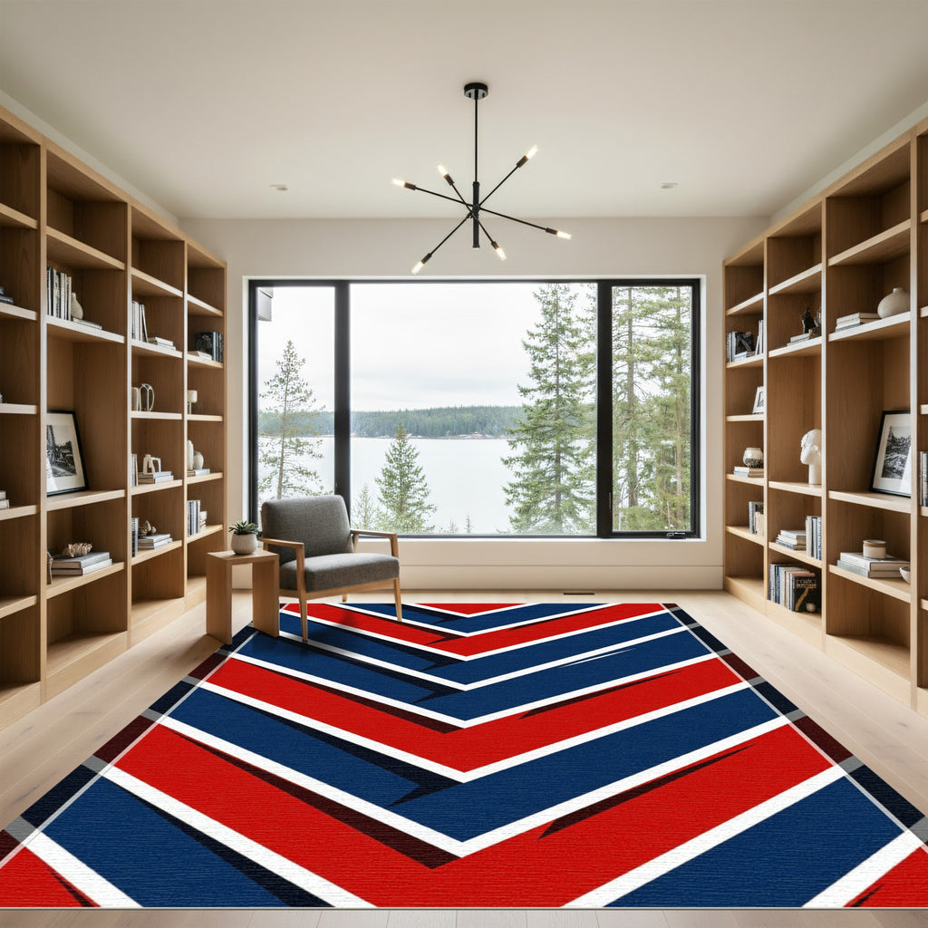 Modern Navy and Red Chevron Stripe Rug