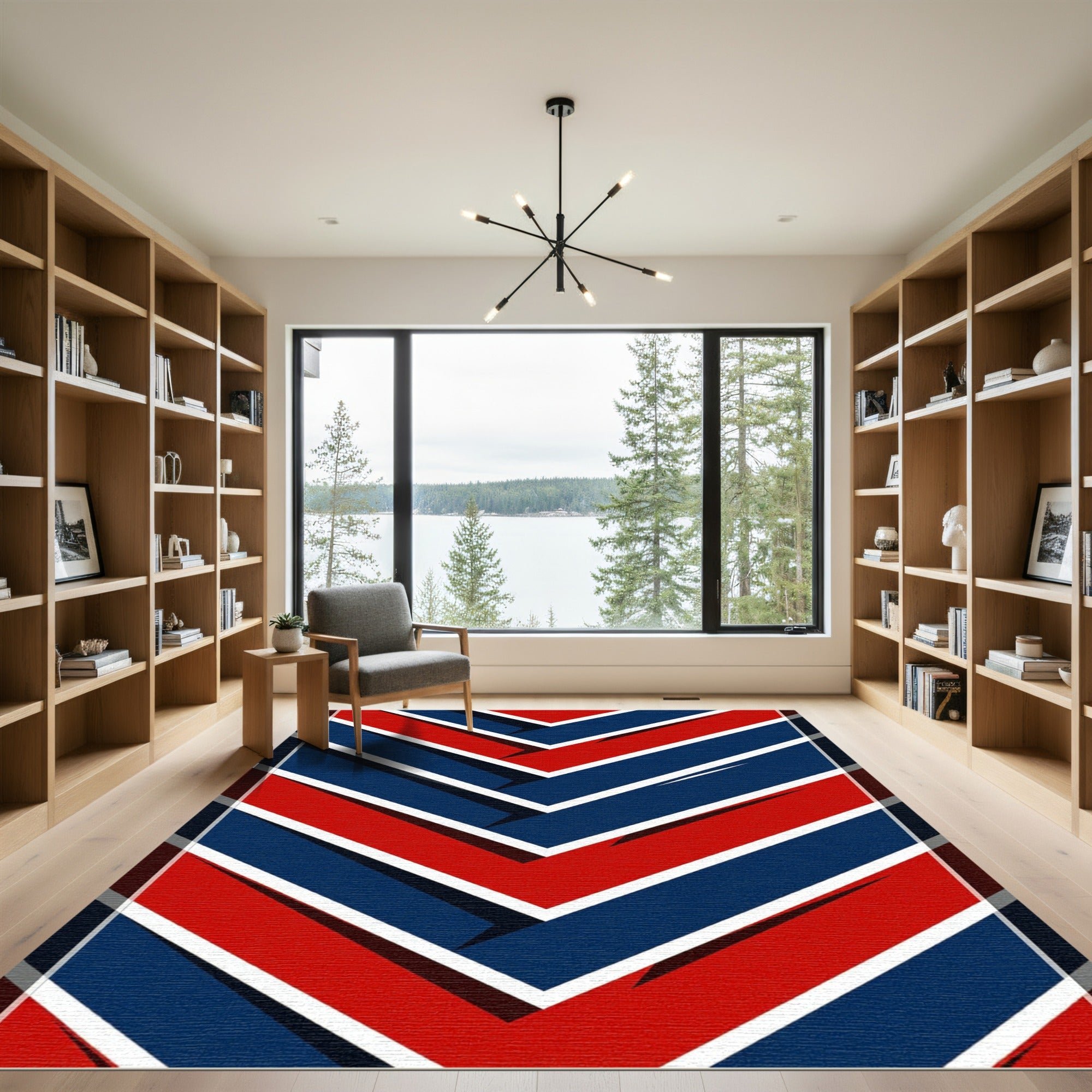 Modern Navy and Red Chevron Stripe Rug