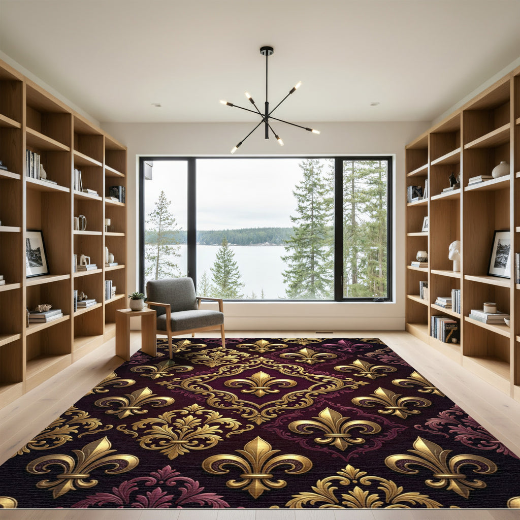 Golden Fleur-de-lis Royal Damask Burgundy Rug