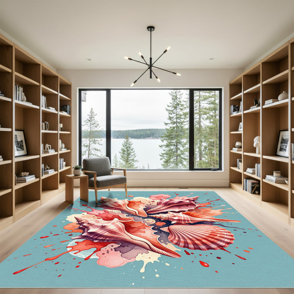 Coastal Coral Seashell Watercolor Splash Rug