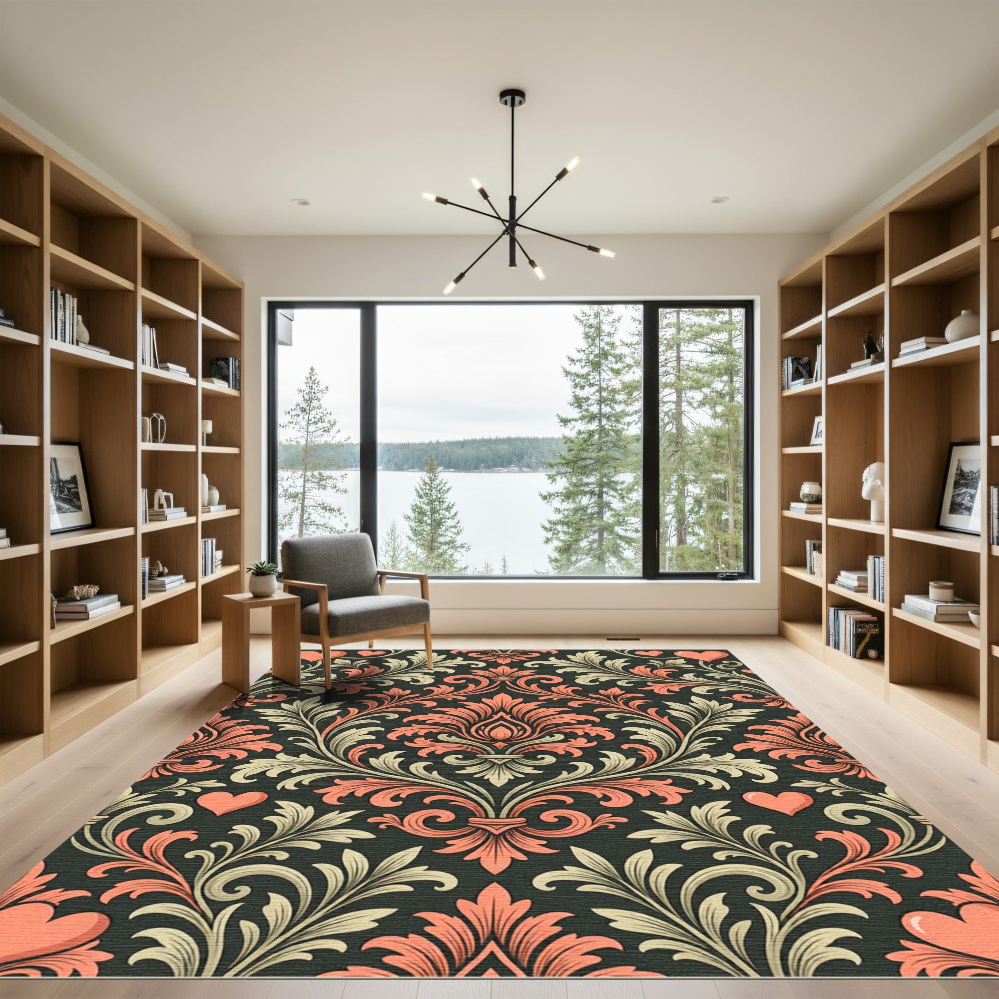Coral Hearts Cream Damask Vines Rug