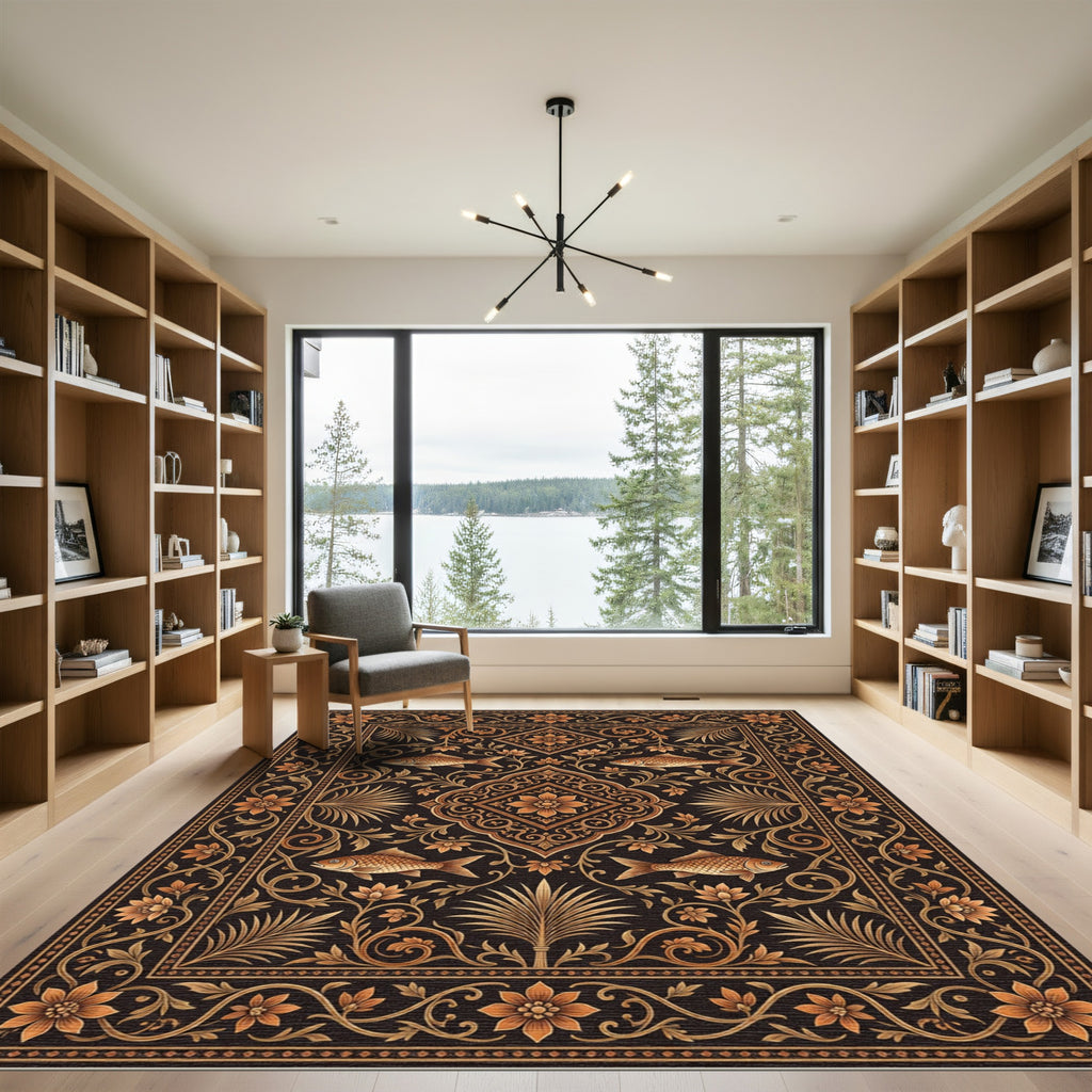 Gilded Floral Koi Medallion Ink Black Rug