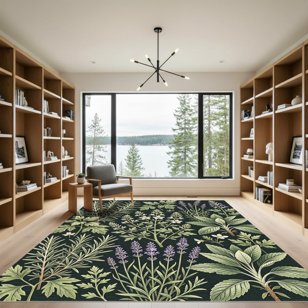 Botanical Herb Garden Dark Floral Illustration Rug