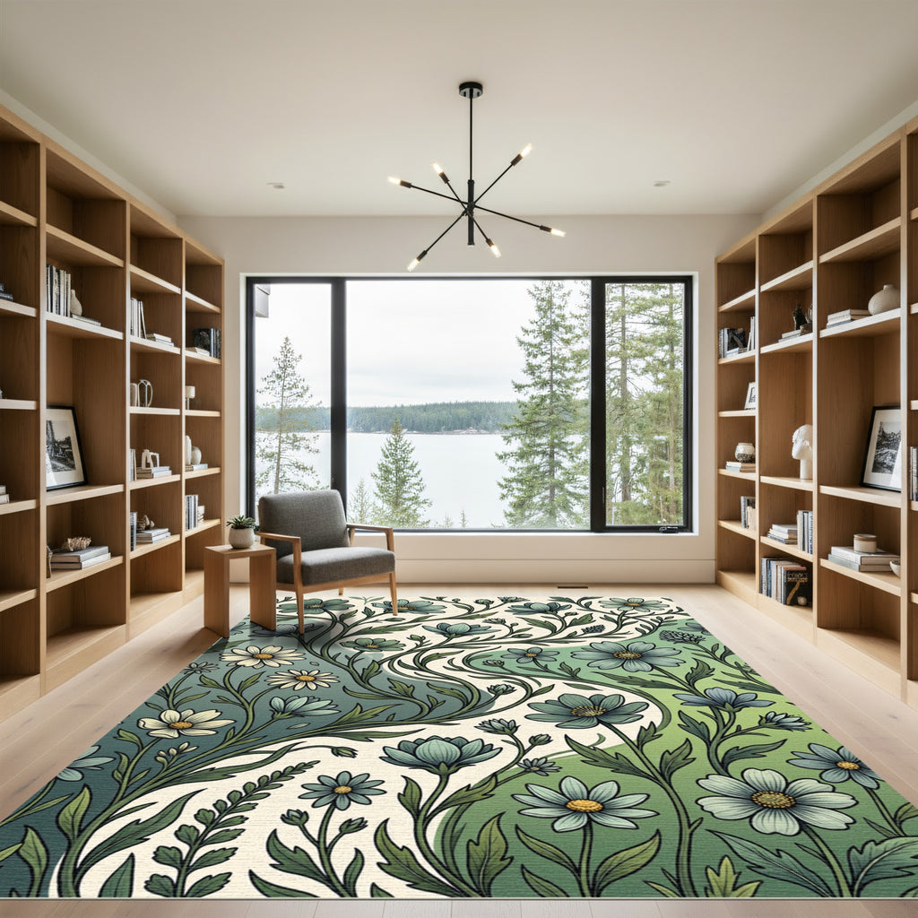 Ethereal Green Wildflower Botanical Meadow Rug