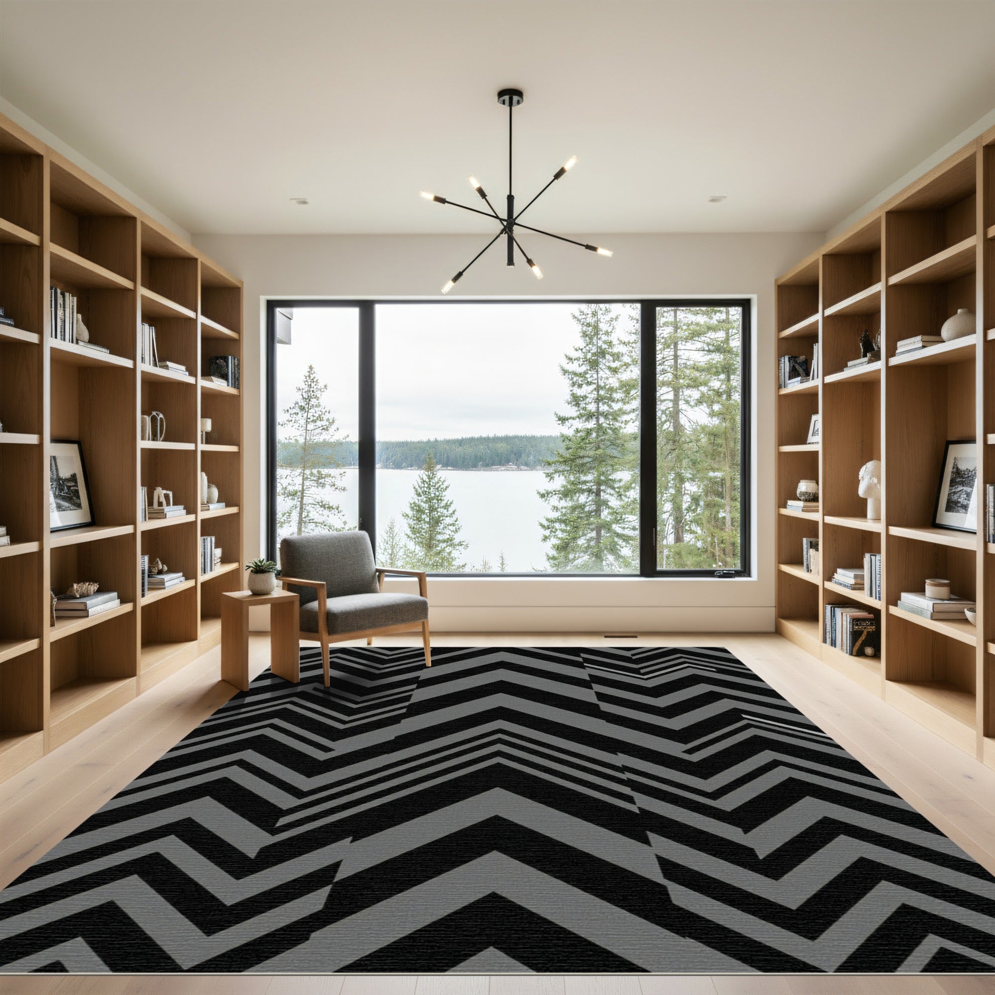 Modern Charcoal Black Geometric Chevron Rug