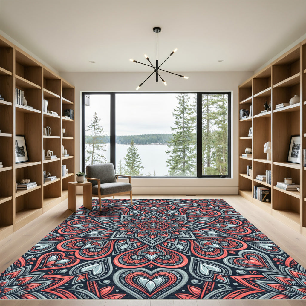 Coral and Slate Heart Mandala Rug