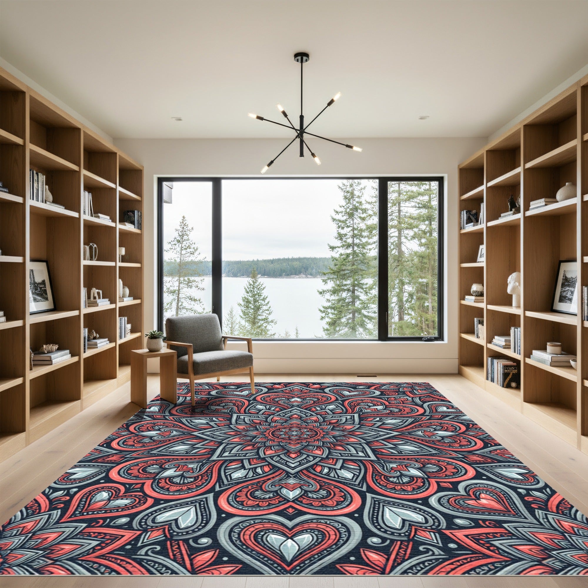 Coral and Slate Heart Mandala Rug