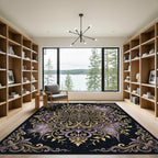 Elegant Gold and Lavender Floral Mandala Rug