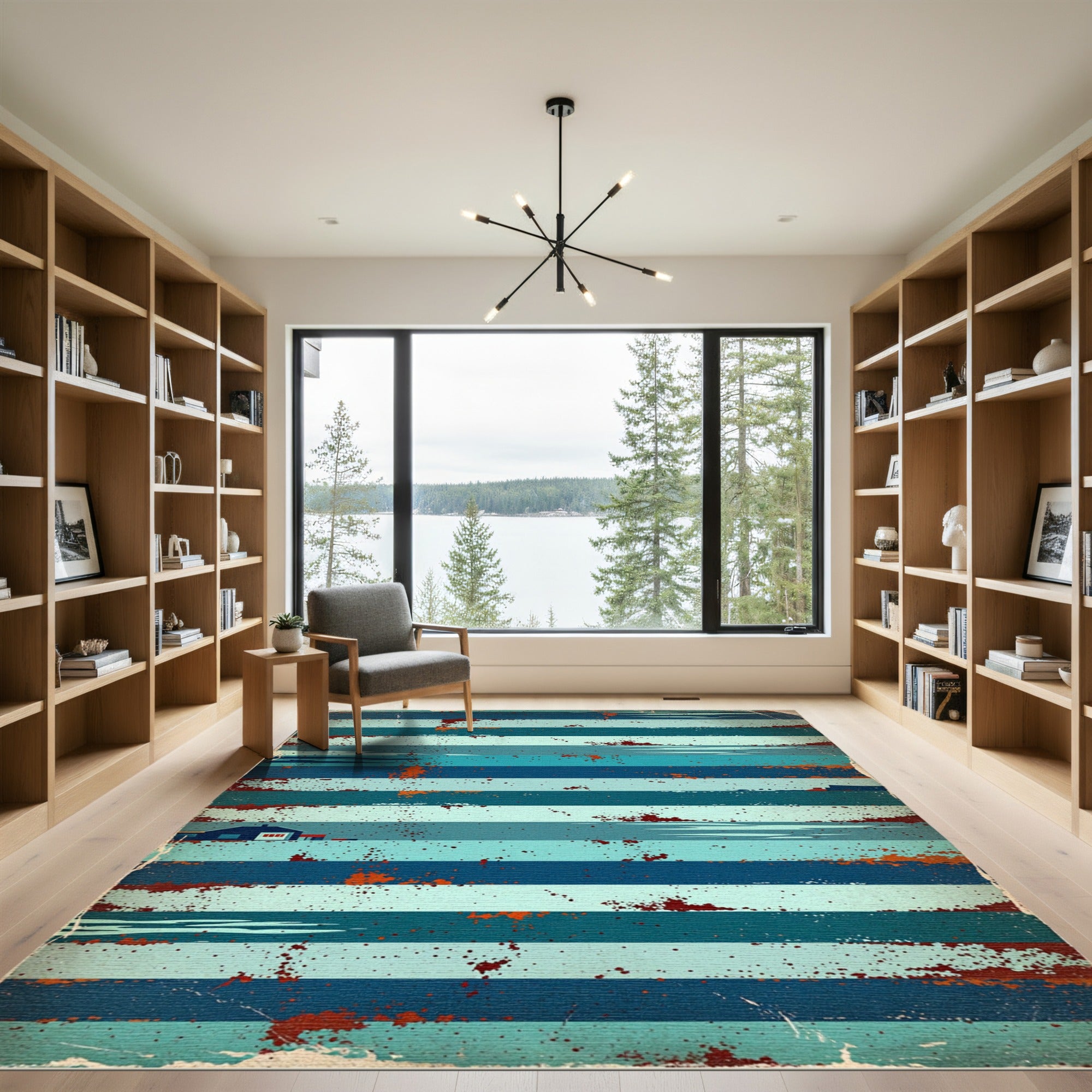Coastal Blue Striped Splatter Rug