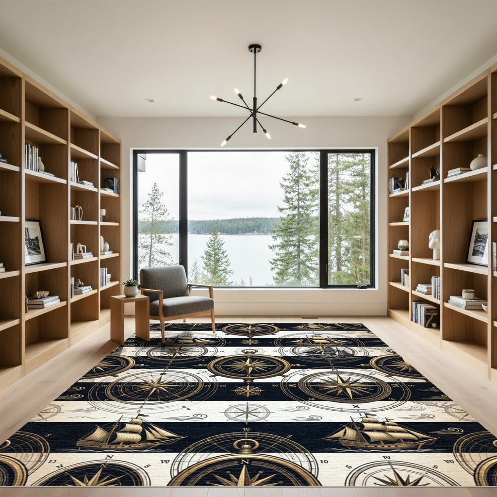 Nautical Compass and Vintage Ship Stripe Rug
