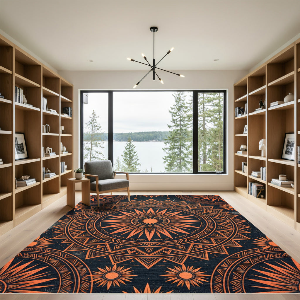 Fiery Orange Radiant Sun Mandala Rug