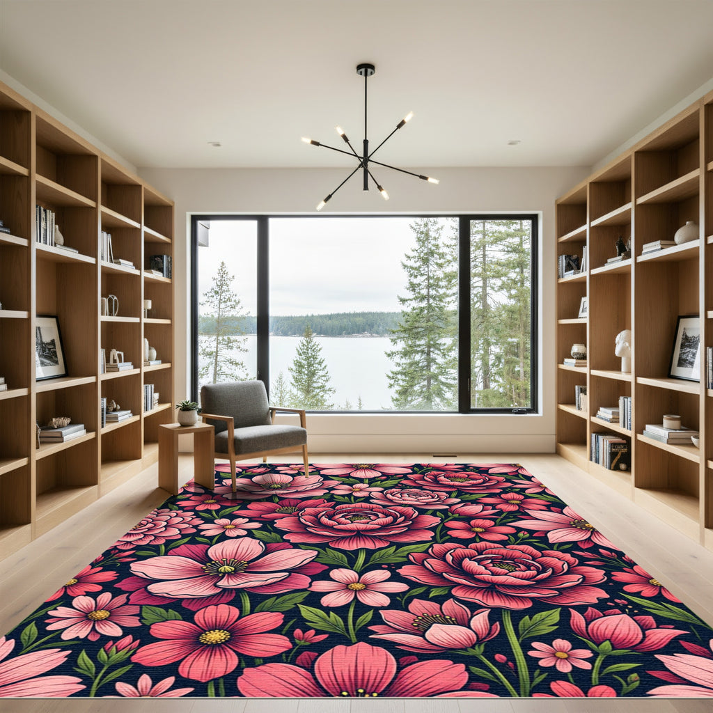 Dark Navy Pink Floral Botanical Garden Rug