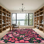 Dark Navy Pink Floral Botanical Garden Rug