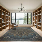 Elegant Slate and Gold Floral Mandala Rug