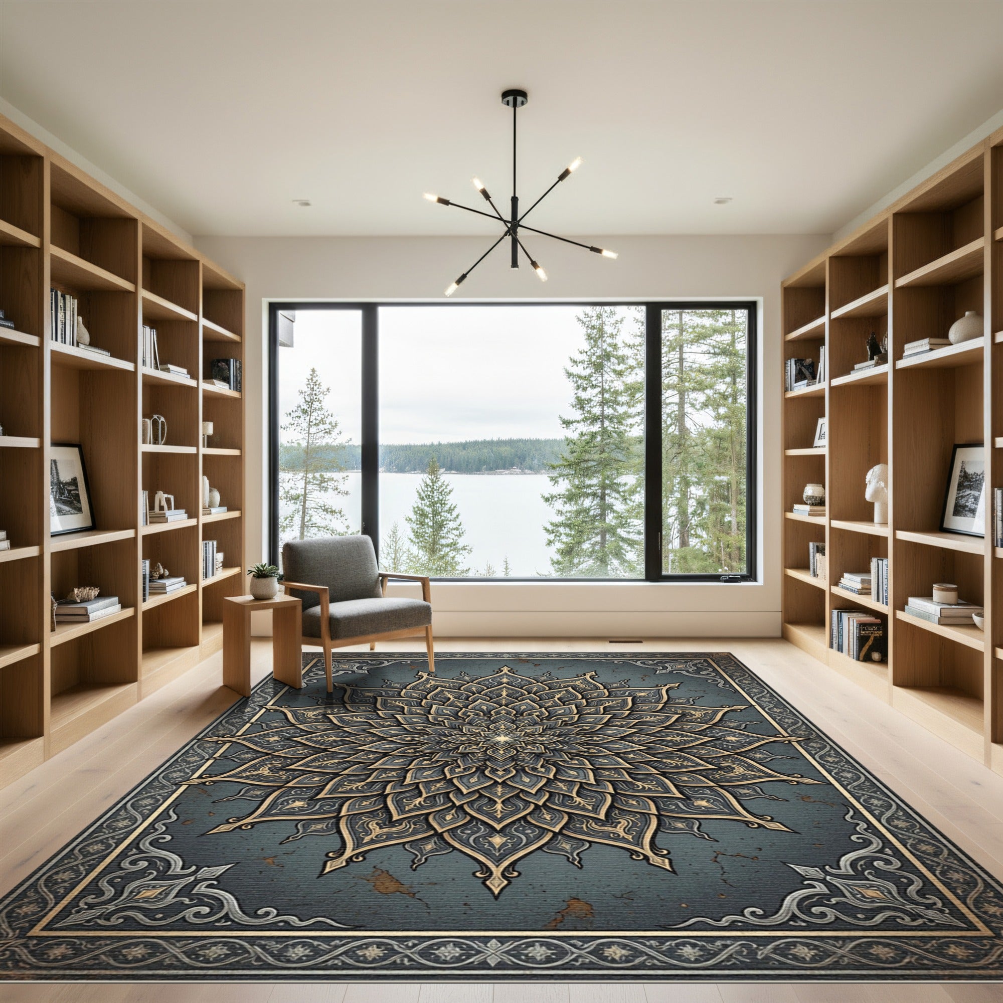Elegant Slate and Gold Floral Mandala Rug