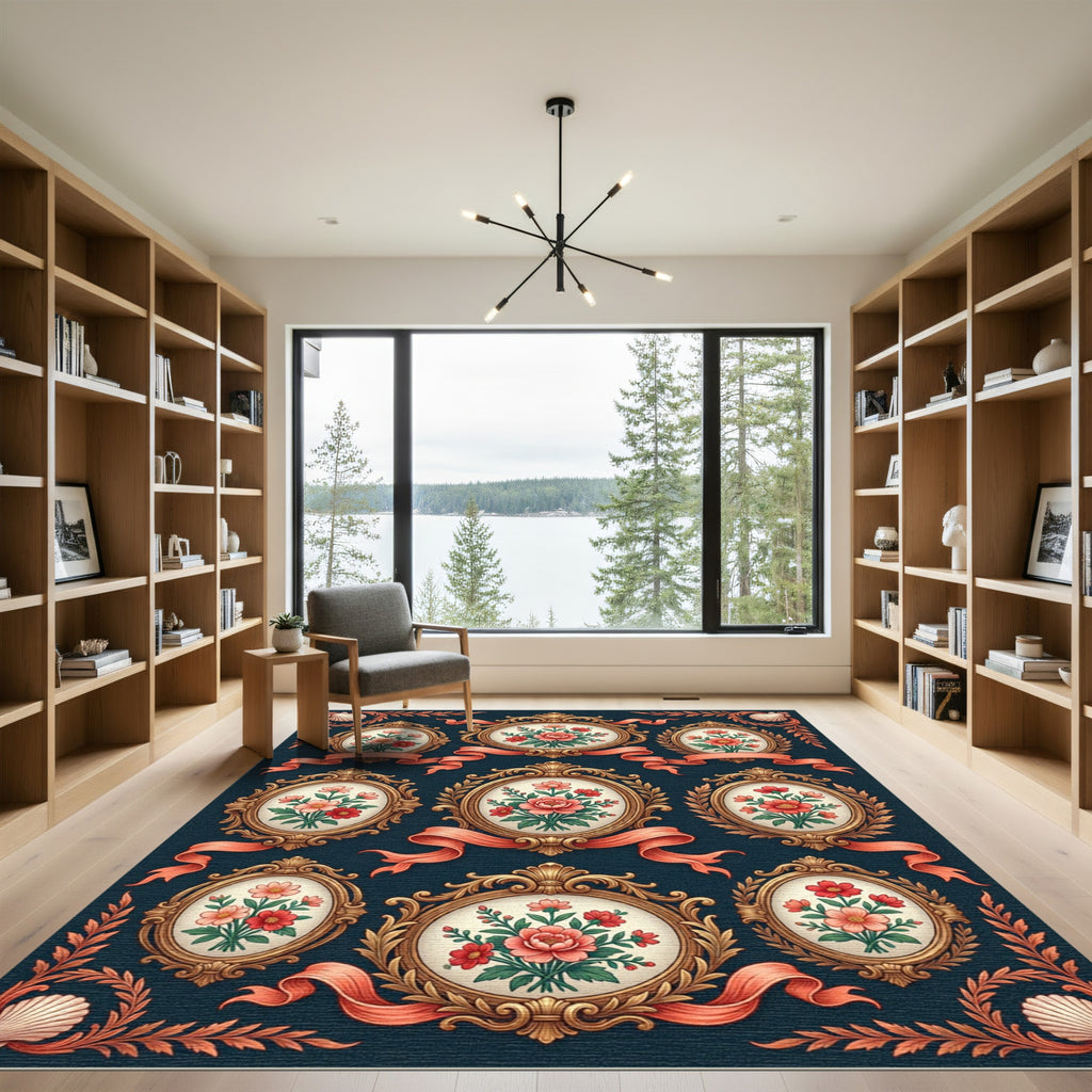 Ornate Floral Oval Cameo Ribbon Tapestry Rug
