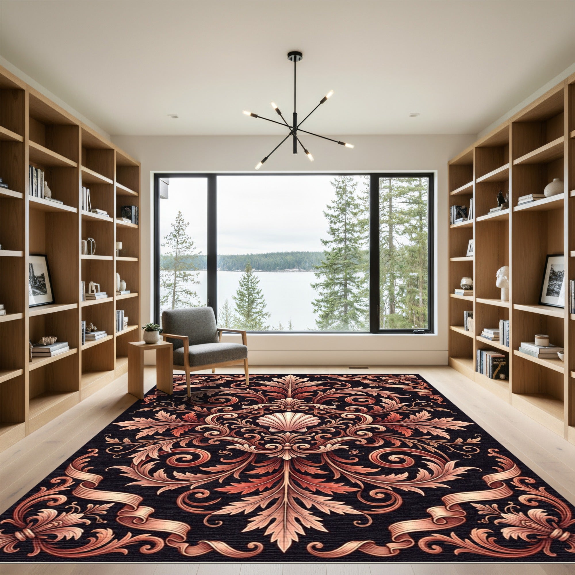 Ornate Bronze Seashell Foliate Scroll Rug