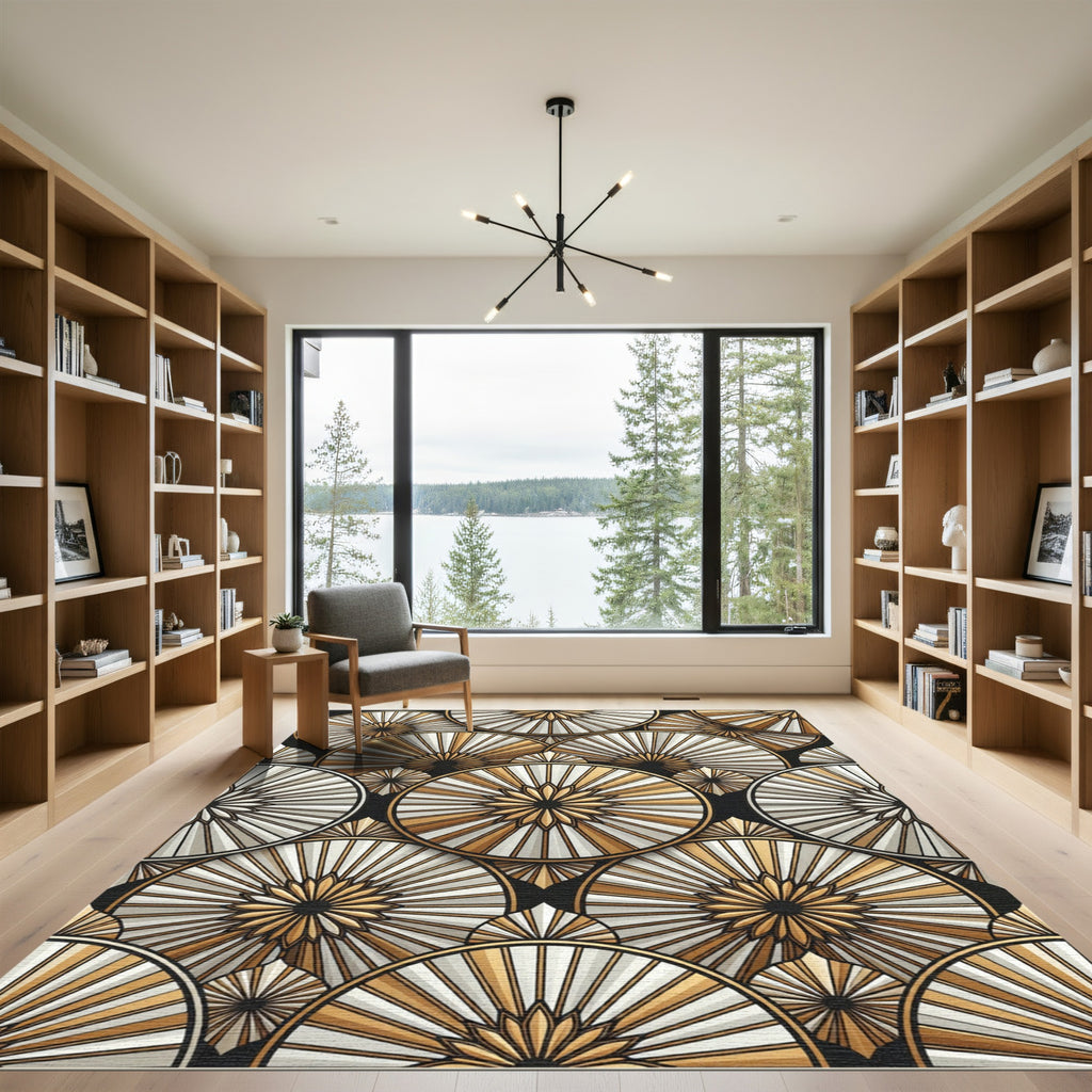 Art Deco Gold White Sunburst Circles Rug