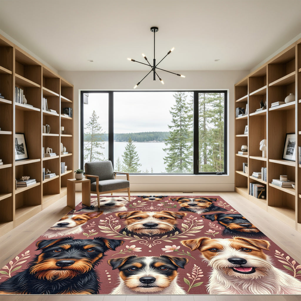 Whimsical Terrier Dog Floral Earthy Tapestry Rug